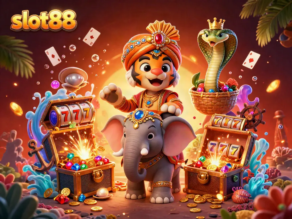Engage with thrilling slot88 gaming as a royal tiger rides an ornate elephant, surrounded by riches