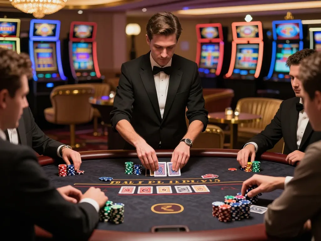 Players strategizing at a blackjack table with vibrant vb88 chips in a luxury casino setting, enhancing the gaming experience.