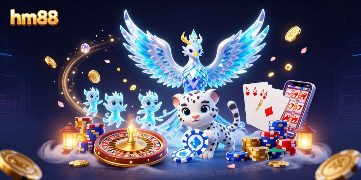 Play at hm88 with a vibrant casino scene featuring an ice phoenix, poker chip, and roulette.