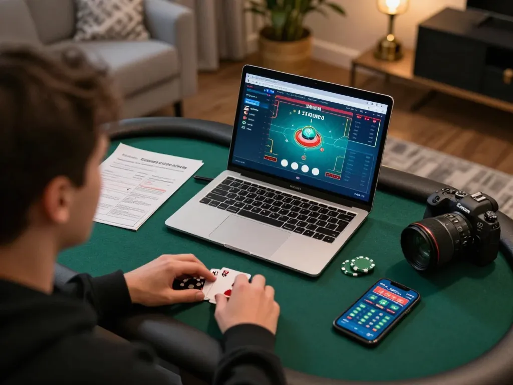 Player analyzing Lu 88 poker strategy at home with focused intensity and organized notes.