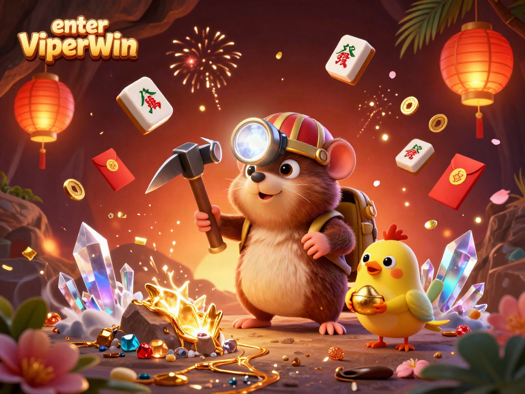Enter ViperWin through the adventure of a treasure hunter mole amidst golden gems, animated casino elements, and vibrant colors.