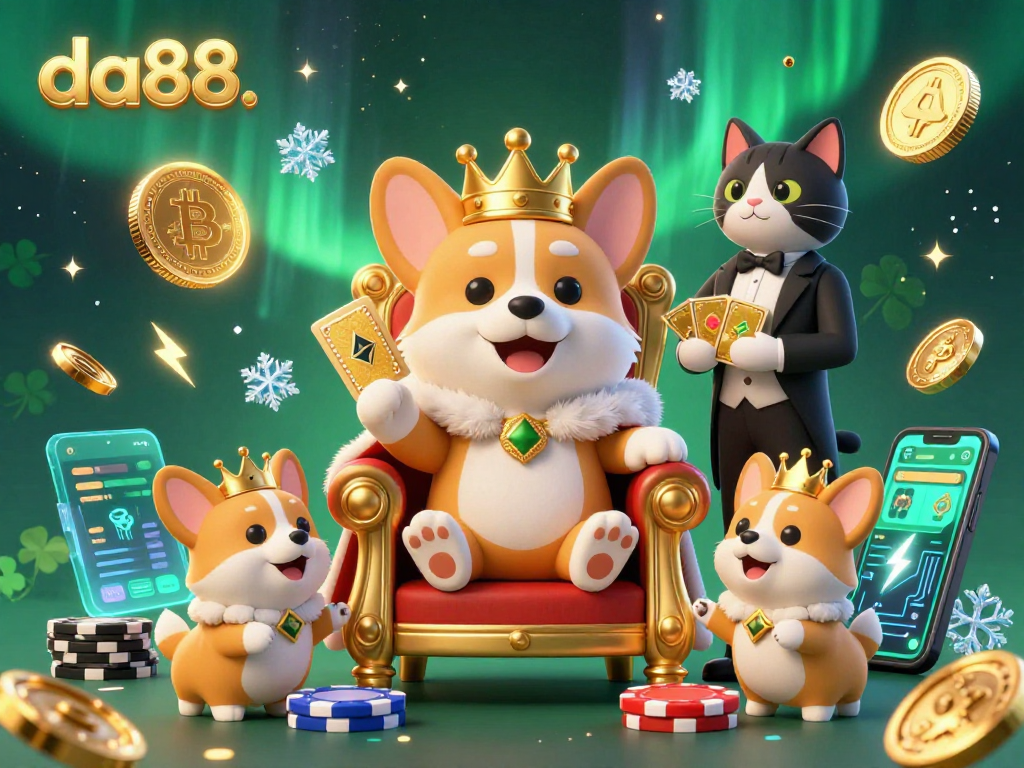 Experience thrilling gaming with da88, featuring a cartoon royal corgi among floating crypto coins and cards.