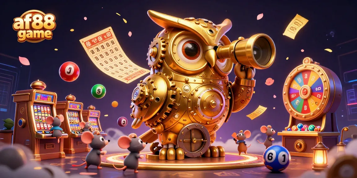 Experience excitement with af88 game, featuring a 3D golden owl amid dynamic lottery elements.