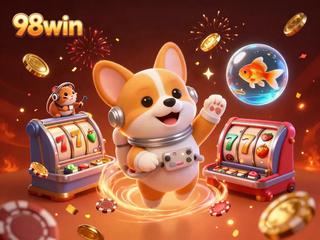 Engage with thrilling gaming moments at 98win as the astronaut corgi floats in a vibrant casino