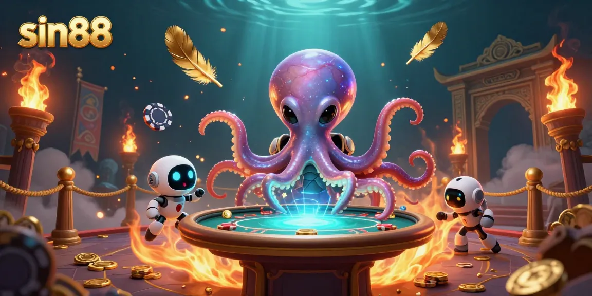 Experience the excitement of sin88 with an alien octopus operating a holographic poker table amid cosmic elements.
