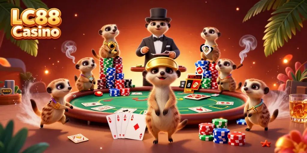 Join the excitement at LC88 Casino with meerkats managing a lively poker game, all in an engaging scene.