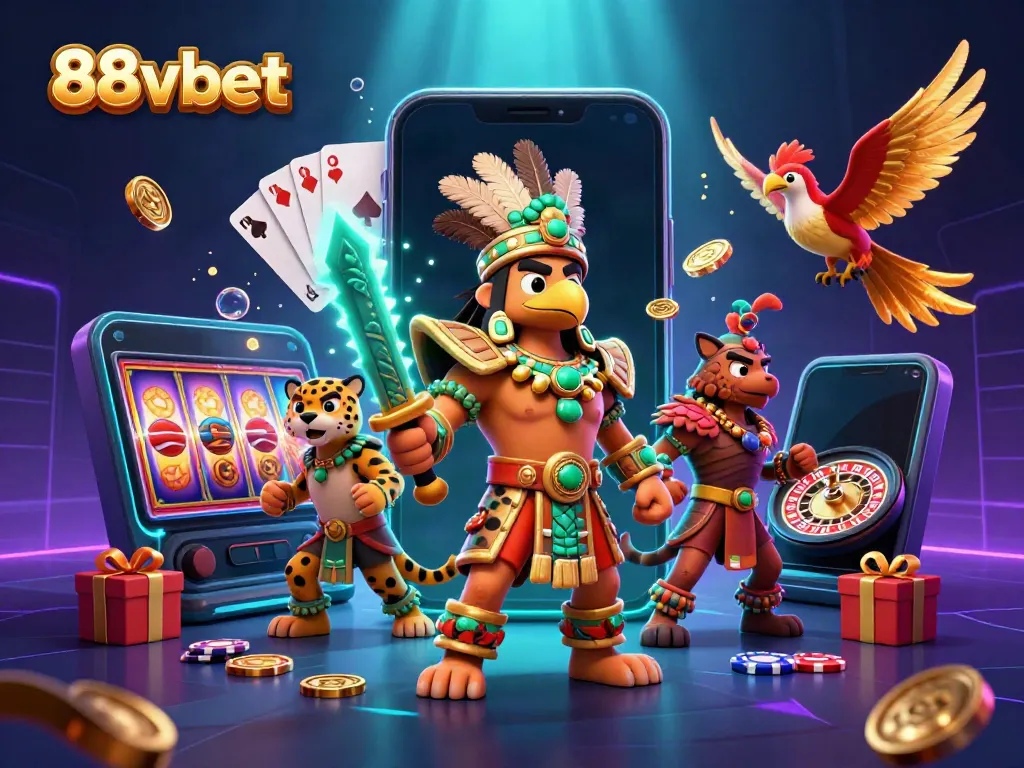 Experience thrilling gameplay with 88vbet's Aztec warriors amid vibrant casino elements.