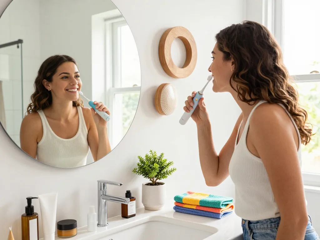 Using Laifen electric toothbrush in a stylish bathroom with natural light, showcasing oral hygiene routine.