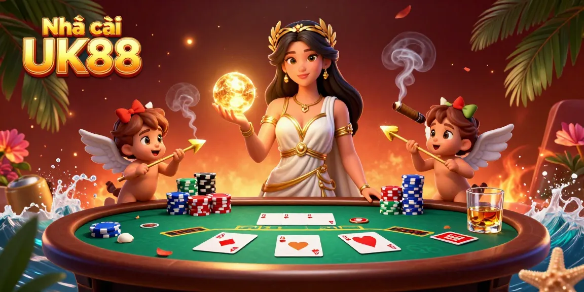 Engage with Nhà cái UK88's vibrant casino scene featuring a stunning goddess and playful Cupid cherubs, enhancing your gambling experience.