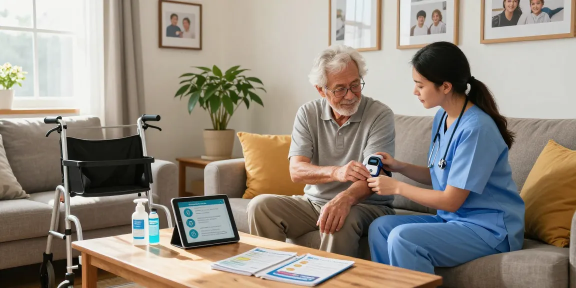 Engaging caregiver at home health store assisting elderly individual with wellness products, showcasing care and support.