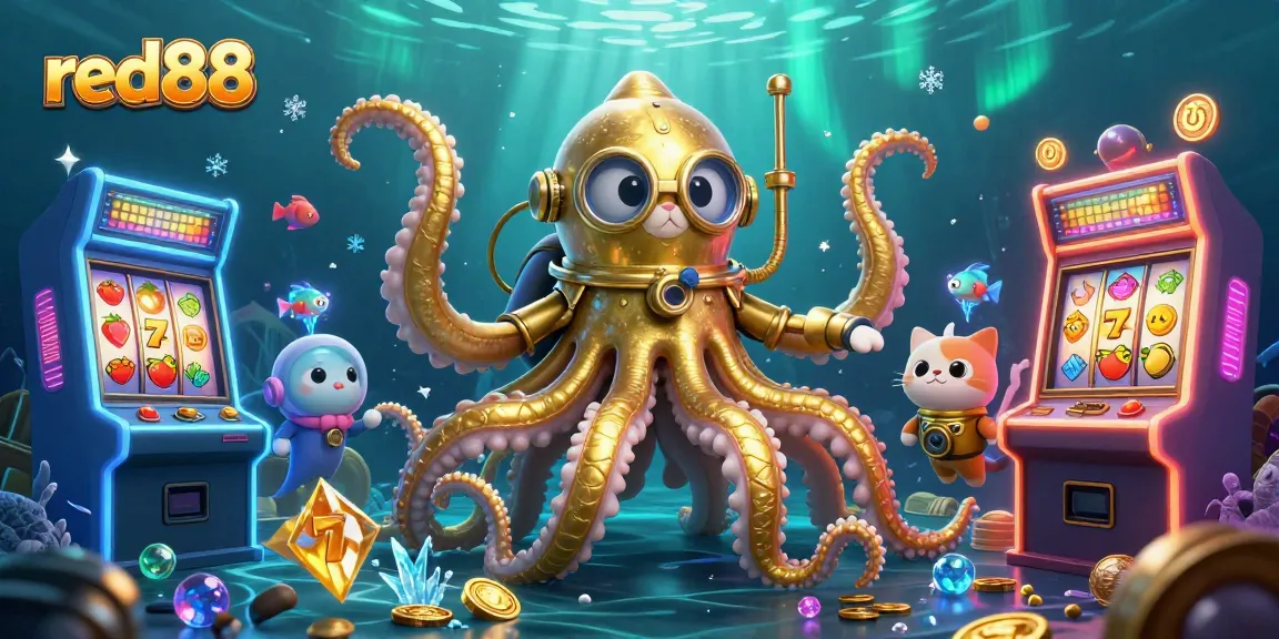 Engage with the red88 gaming excitement featuring a playful kraken and diving cat amid vibrant casino elements.