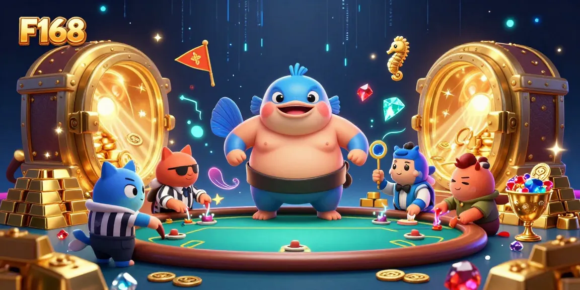 F168 dynamic poker scene featuring a giant fugu, catfish referee, and seahorse fans amidst treasures.