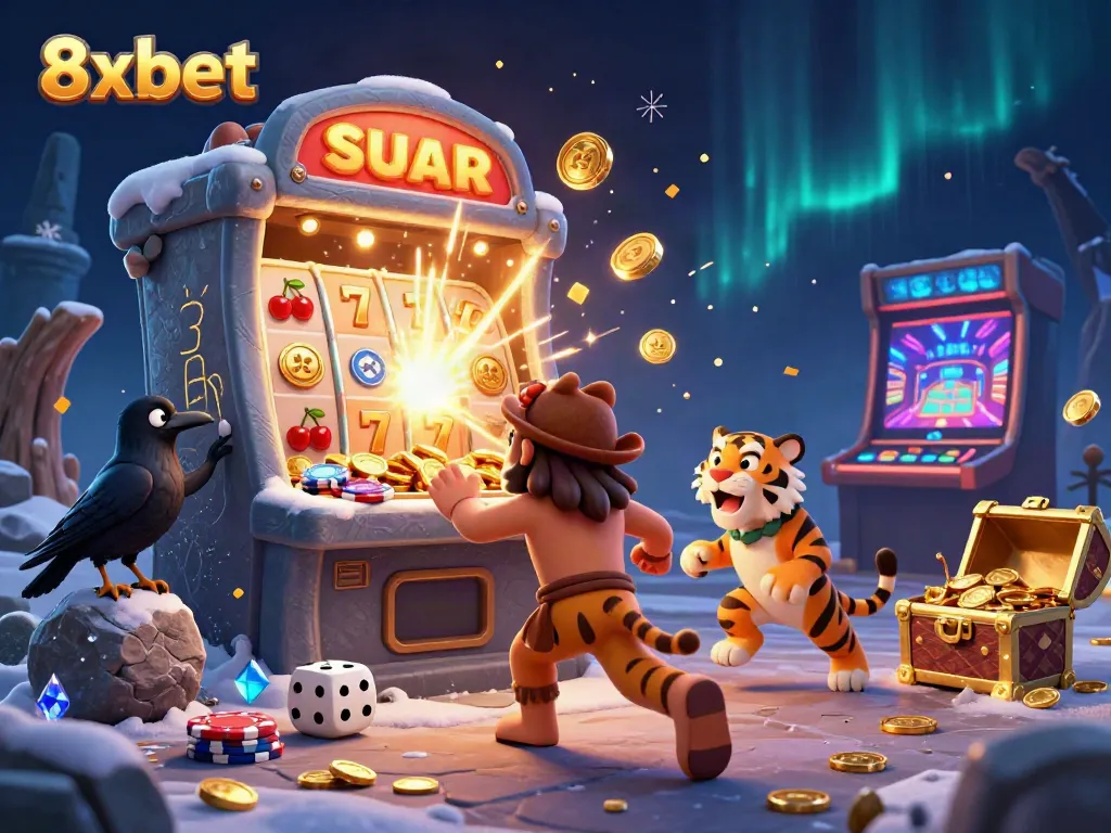 Experience the thrills at 8xbet with a playful caveman and sabertooth duo in a colorful prehistoric casino.