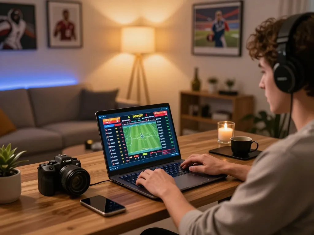 Experience thrilling sports betting with mm88star in a cozy home office setting, showcasing strategic engagement on laptop.