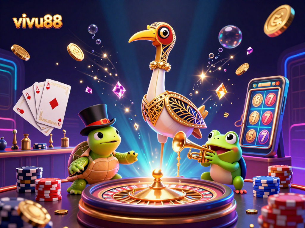 Join the fun at vivu88 with vibrant cartoon characters and dynamic casino elements celebrating wins.