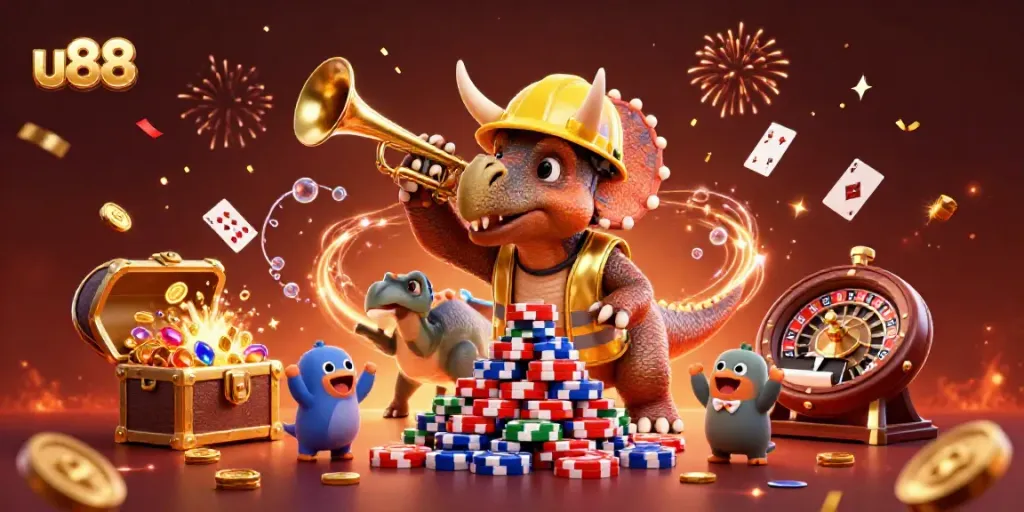 Engage with thrilling casino action at u88 as our playful dinosaur characters celebrate with games and festive elements.