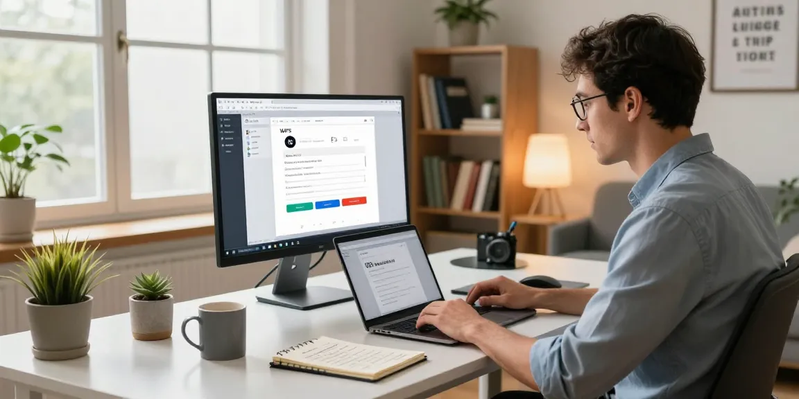 WPS Download interface displayed on a laptop in a modern home office, highlighting productivity tools and workspace setup.
