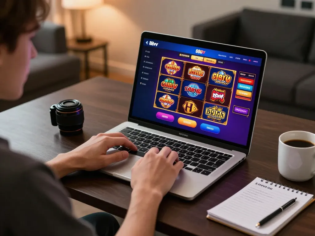 Player enjoying 88vv online casino gaming with laptop at home, vibrant graphics visible.