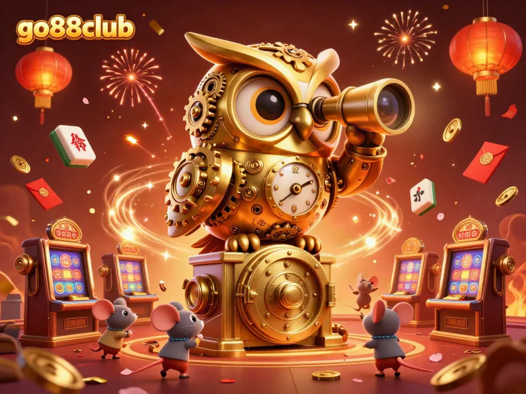 Experience the magic of go88club in this bustling casino scene with a golden owl and animated mouse patrons.