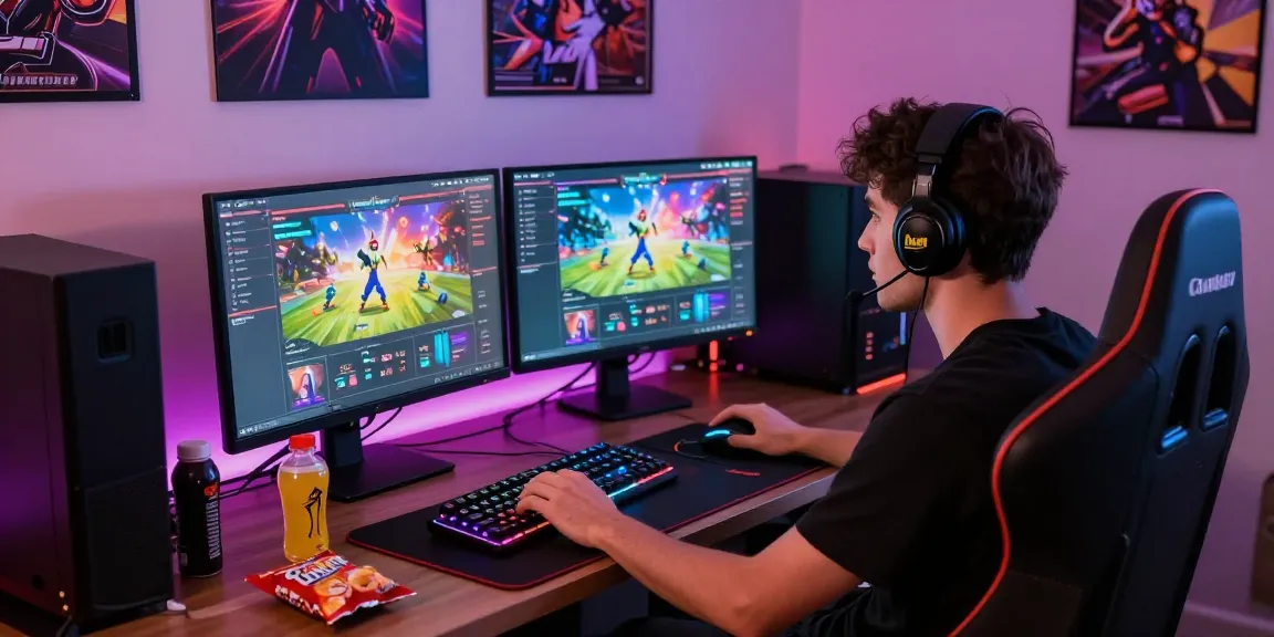 Engaged gamer enjoying iwin games in a vibrant gaming lounge setting.