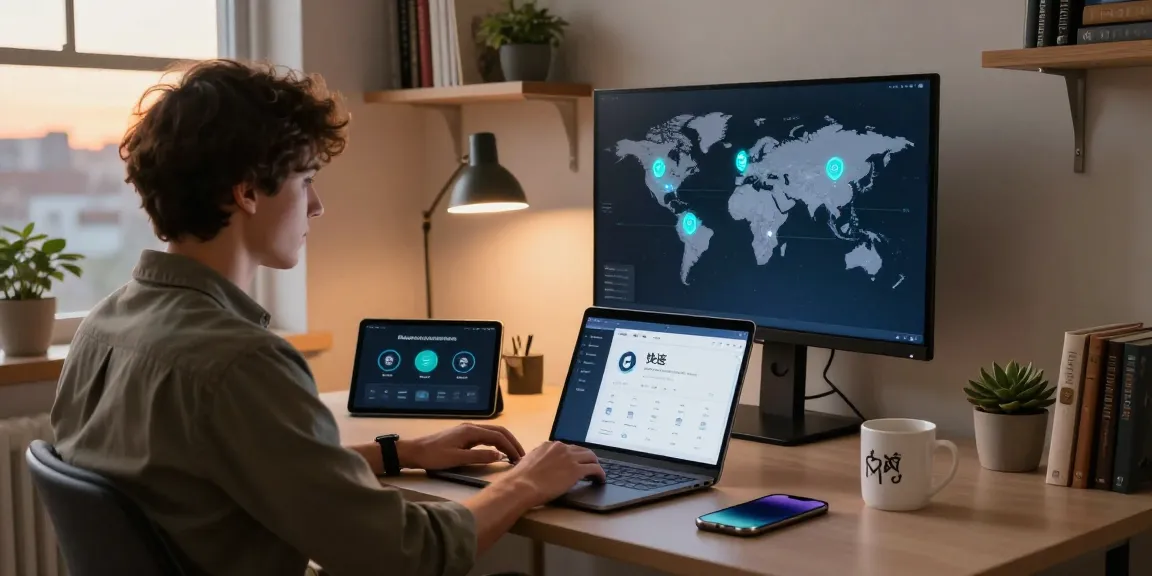 快连 app showcased on laptop in a modern home office, highlighting global connectivity.