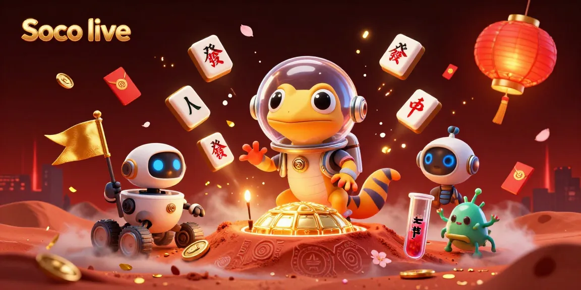 Soco live showcases a vibrant Martian gecko exploring a golden casino, engaging in rich gambling adventures, amidst lively casino elements.