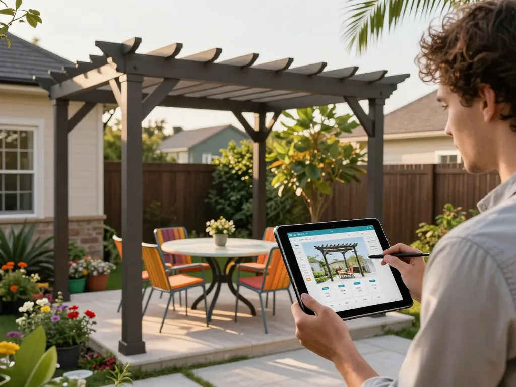 Pergola Sales Software visualizing a customizable 3D pergola in a beautiful backyard setting.