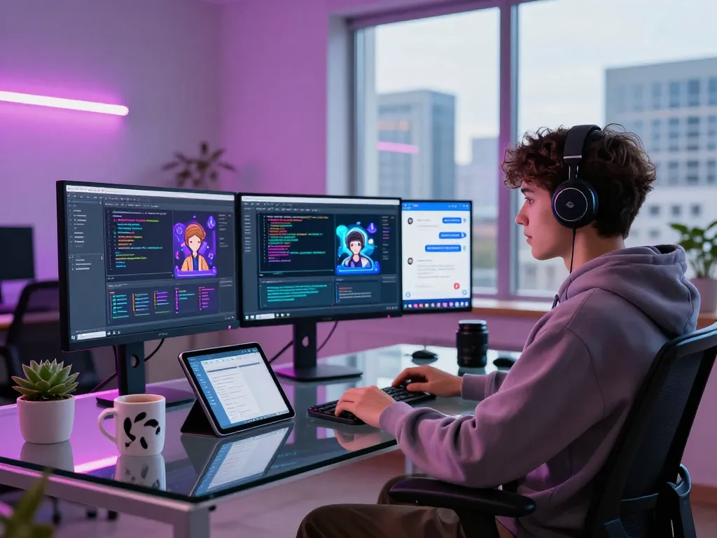 Engaging workspace with developer coding crushonai on multiple screens while surrounded by a modern, vibrant atmosphere.