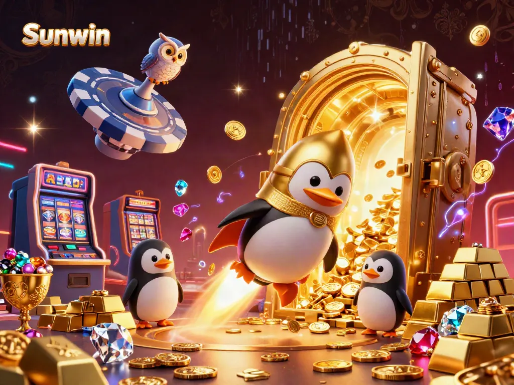 Engage in thrilling gameplay with the vibrant Sunwin casino world, featuring a golden penguin and slot elements.