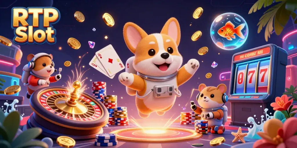 Experience RTP Slot gameplay with floating coins and vibrant casino elements in a dynamic 3D scene.