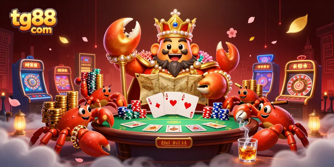 Experience vibrant gaming with tg88 com, featuring a golden crab emperor in a lively casino scene.