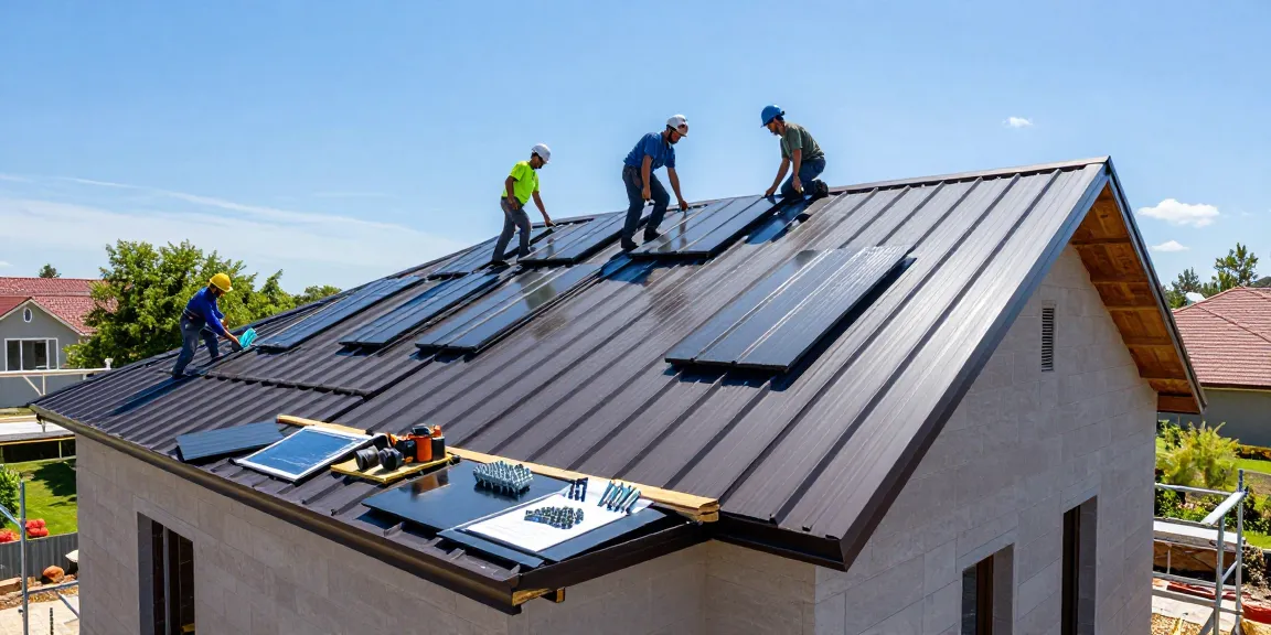 MROOF contractors installing durable metal roofing panels on a sunny day.