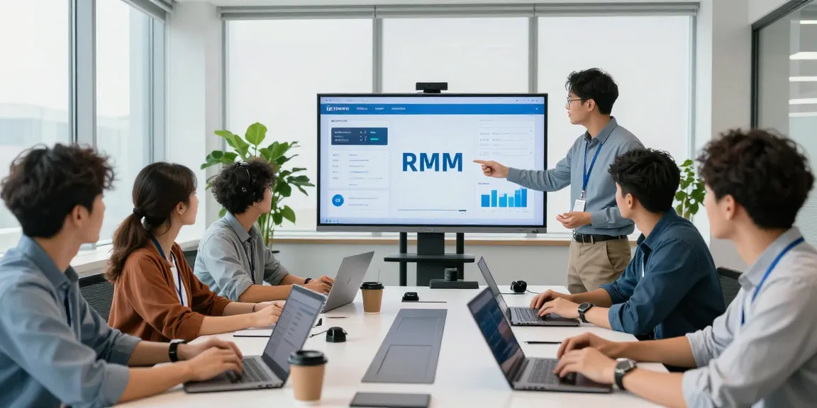 IT support for businesses team collaborating on RMM technology in a modern office