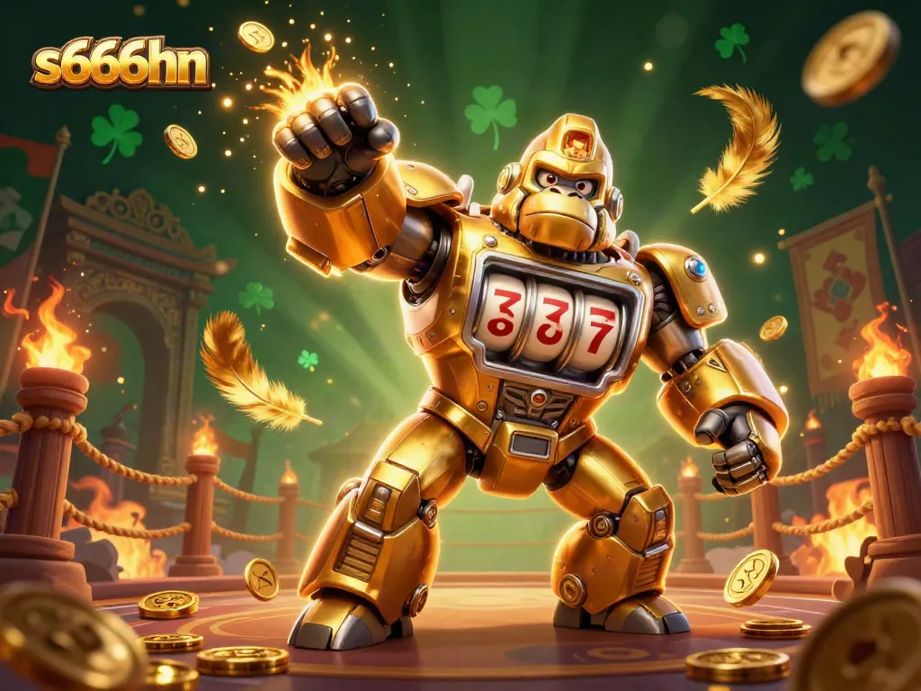 Experience the thrill of s666hn with a vibrant casino-themed illustration featuring a golden gorilla mech and dynamic elements.