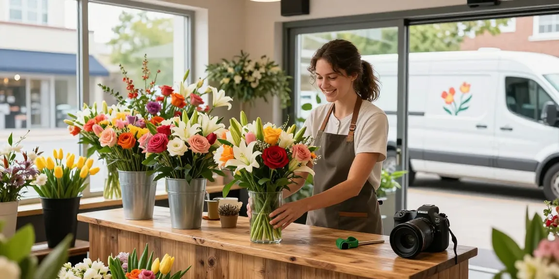 Flower delivery Gibbons florist arranging vibrant bouquets in a welcoming shop.