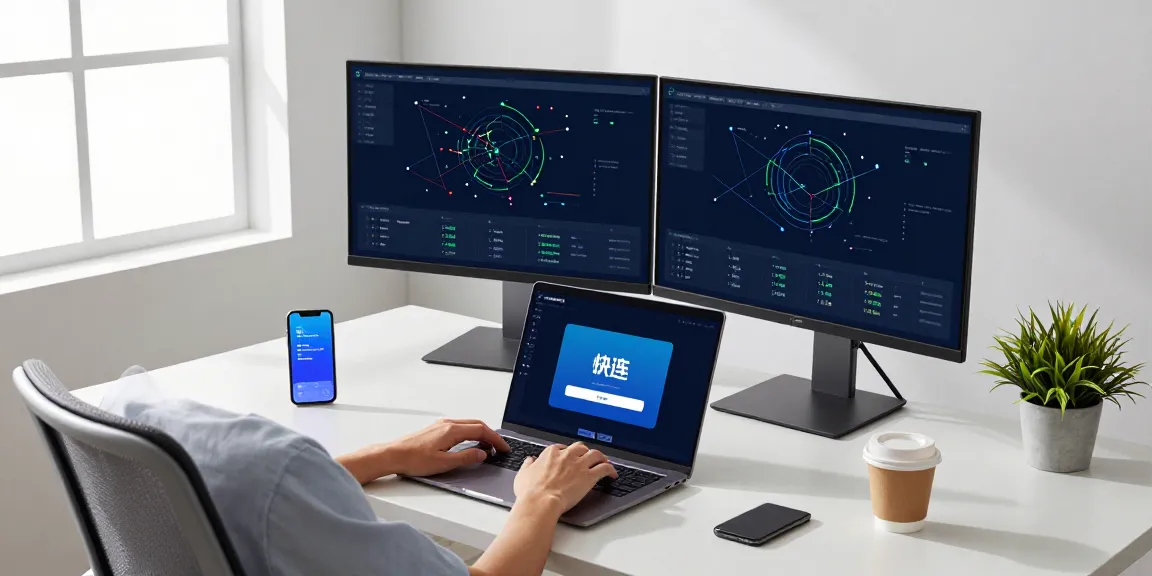 Developer using 快连 software in a modern workspace with high-tech displays and natural lighting.
