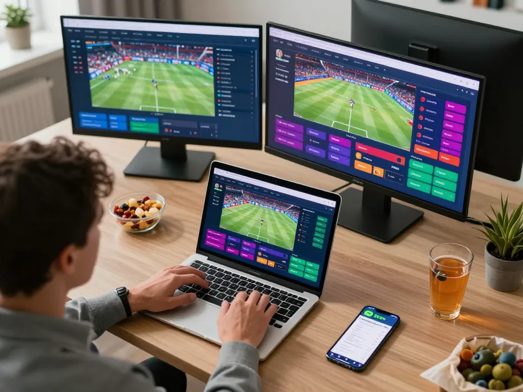 Engaging in live sports betting on 11bet with multiple screens and a modern setup