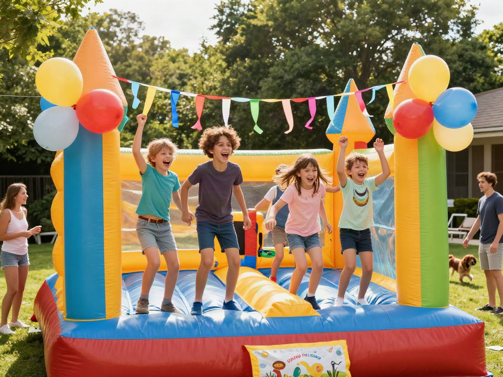 Children enjoying a bounce house at a summer birthday party, filled with laughter and fun.