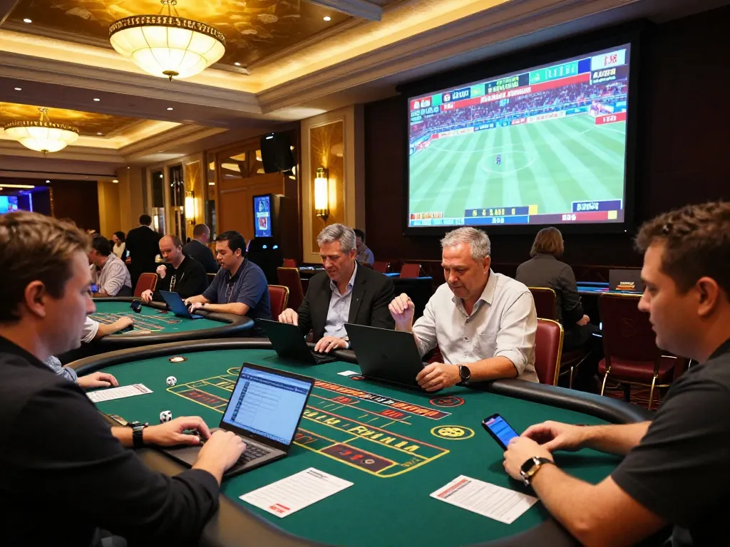 rokok 88 patrons engaging in strategic sports betting in a luxurious casino setting