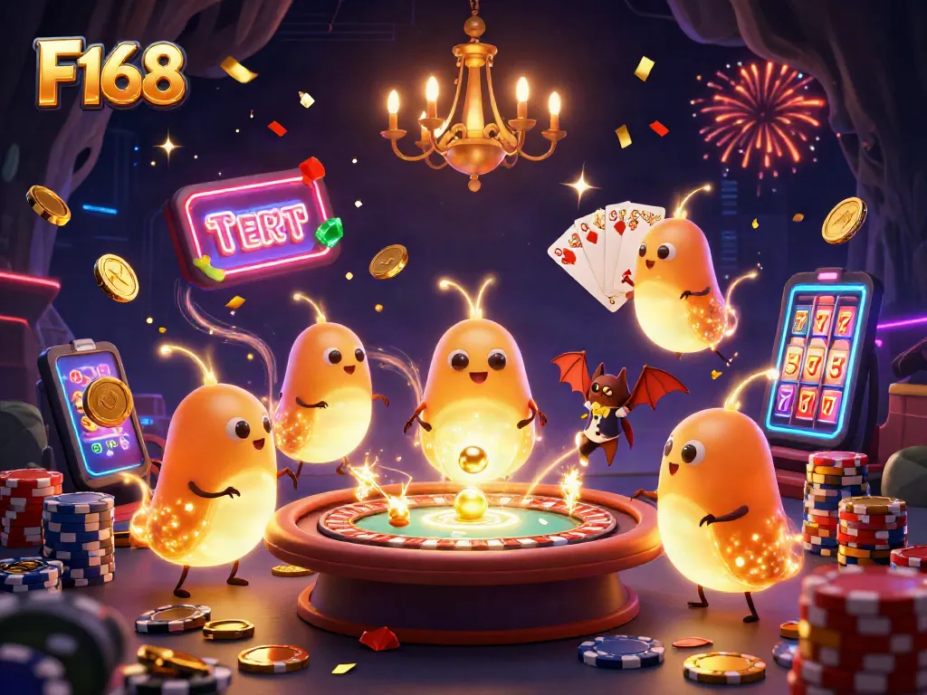 F168 casino glowworms illuminate a vibrant gaming scene with dazzling coins and cards.