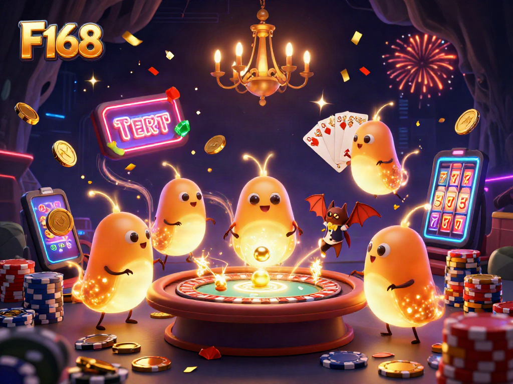 F168 casino glowworms illuminate a vibrant gaming scene with dazzling coins and cards.