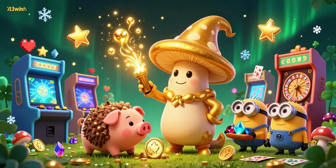 Engage with 33winth and win big in this vibrant casino-themed digital illustration featuring a golden mushroom wizard.