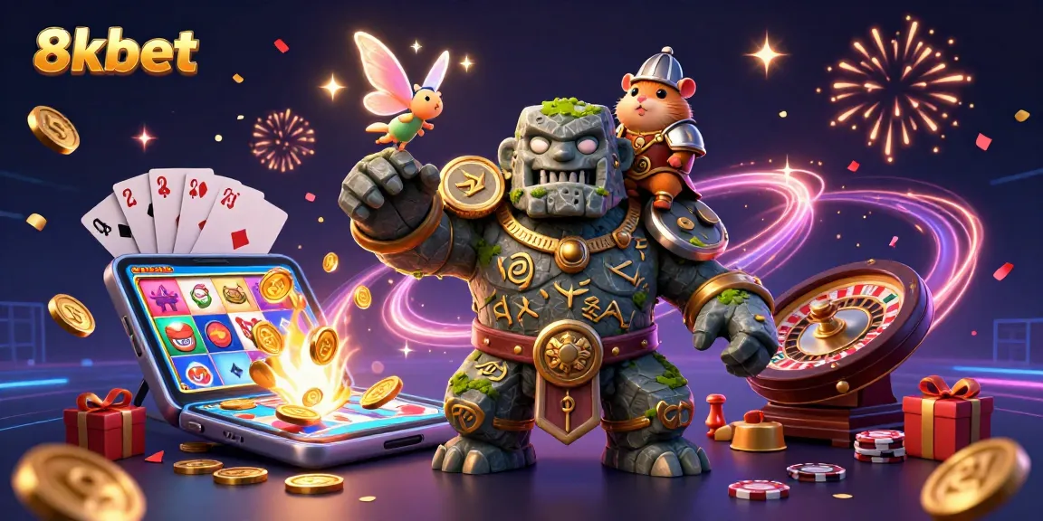 Engage with 8xbet through vibrant slot games and dynamic gameplay illustrated with 3D fantasy characters and casino elements.