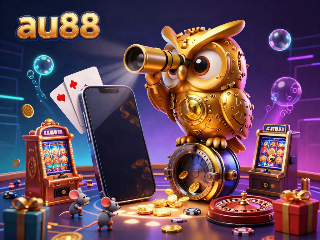 Experience the thrill at au88 with a vibrant 3D casino scene featuring a golden owl and lively game elements.