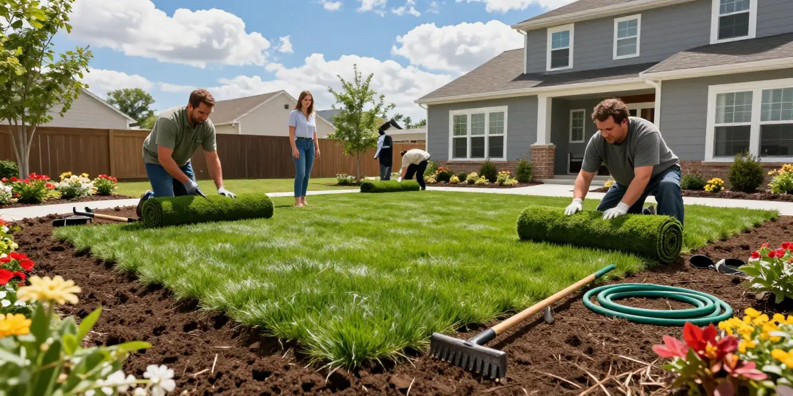 Sod installation Ottawa showcasing professional team laying fresh sod in a residential backyard.