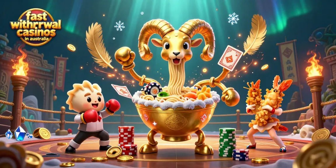 Action-packed scene showcasing fast withdrawal casinos in Australia with unique casino characters.