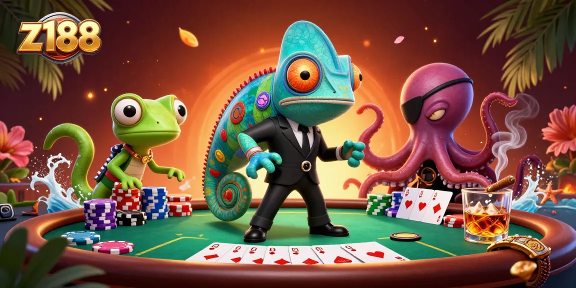 Play now at z188 with a dynamic poker scene featuring unique characters and vibrant casino elements.