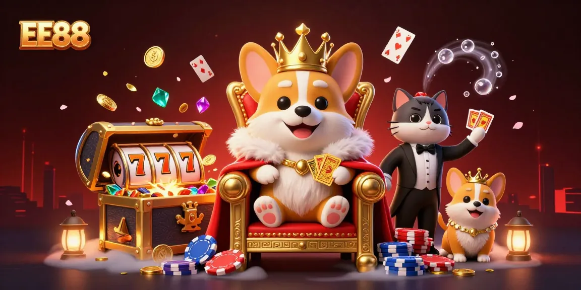 Experience exciting gaming action with EE88's royal corgi mascot amidst vibrant casino elements.