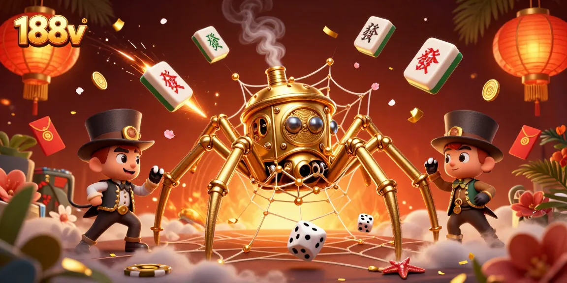 Experience the thrilling gameplay with 188v as a steampunk spider captures lucky dice and gold coins in its web.