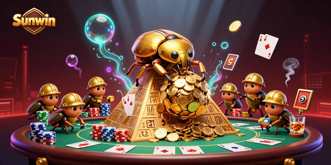 Sunwin features a golden dung beetle rolling coins, showcasing poker elements in a vibrant casino scene.